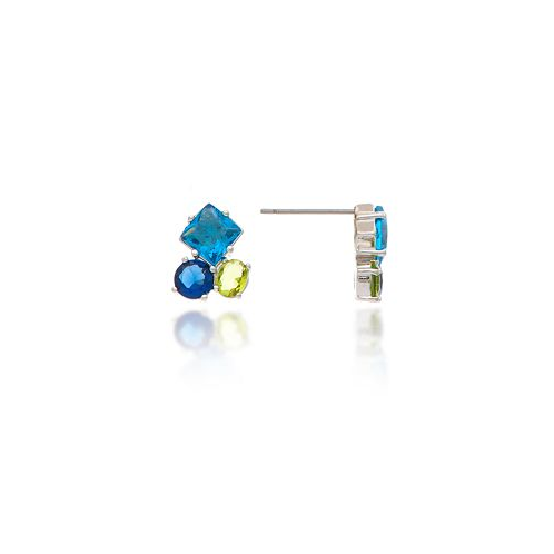 Rivka Friedman Rhodium Three Stone Cluster London Blue + Peridot + Sapphire Crystal Earrings