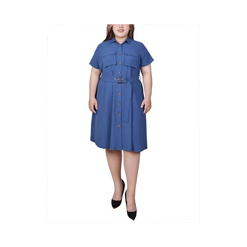 NY Collection Plus Size Short Sleeve Belted Shirt Dress