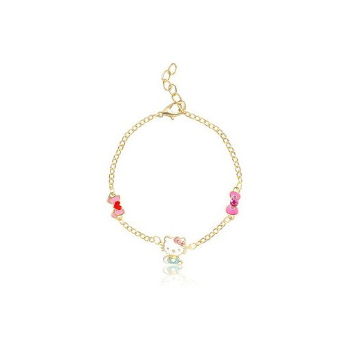 Hello Kitty Sanrio and Friends Womens 18kt Gold Plated Bracelet with Bow Charm Pendants - 6.5 + 1 Officially Licensed