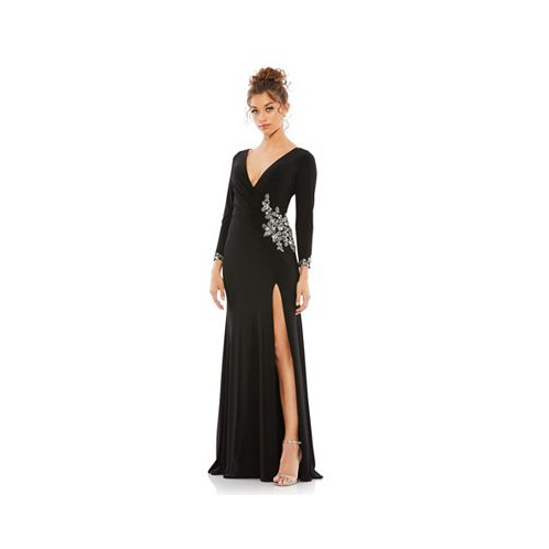 Mac Duggal Womens Ieena Floral Embellished Faux Wrap Jersey Gown