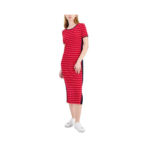 Tommy Hilfiger Womens Striped Ribbed Midi Dress