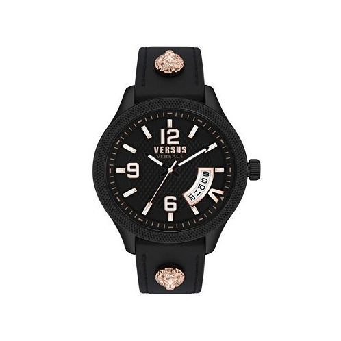 Versus Versace Mens Reale Three Hand Date Black Leather Watch 44mm
