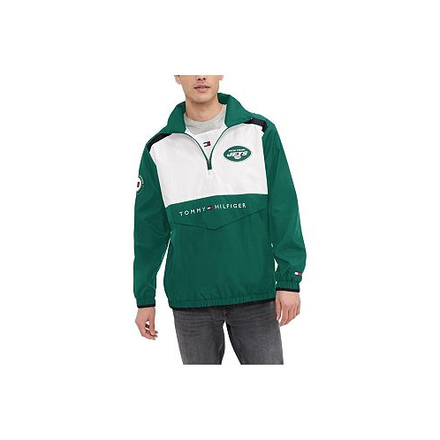 Tommy Hilfiger Mens Green White New York Jets Carter Half-Zip Hooded Top