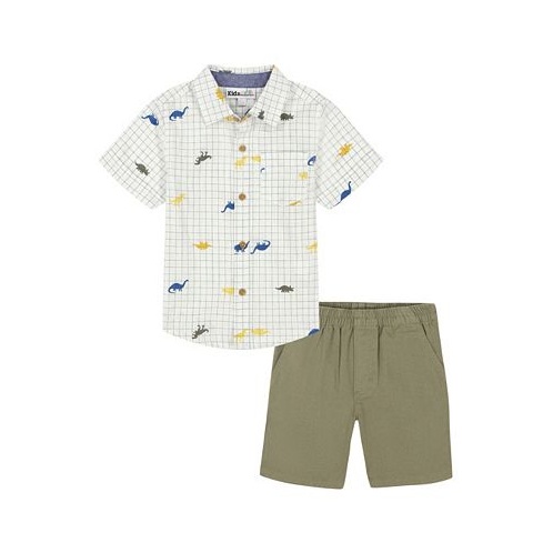 Kids Headquarters Little Boys Short Sleeve Printed Check Slub Button Front and Twill Shorts 2 Piece Set