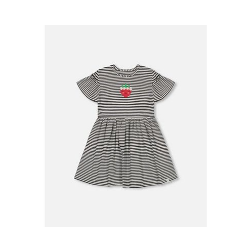 Deux par Deux Girl Organic Cotton Dress With Flounce Sleeves Stripe Black And White - Child