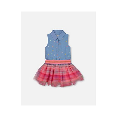Deux par Deux Girl Chambray And Tulle Rainbow Mesh Dress - Toddler|Child