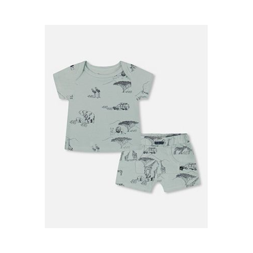 Deux par Deux Baby Boy Organic Cotton Top And Short Set Sage With Printed Jungle - Infant