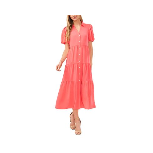 CeCe Womens Collared Short-Sleeve Tiered Shirtdress