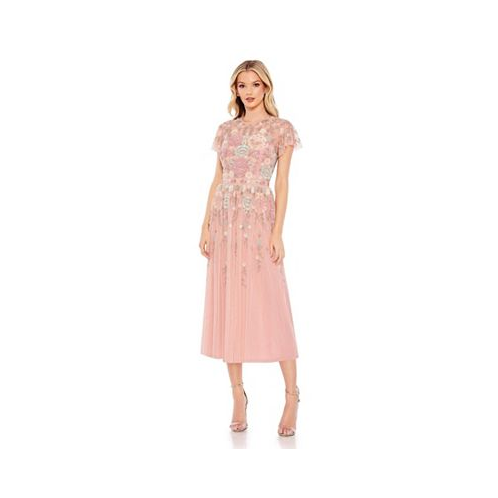 Mac Duggal Womens Embellished Illusion High Neck Butterfly Sleeve Midi Dress