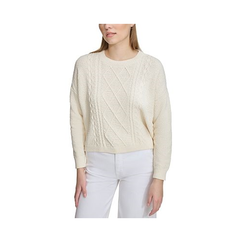 DKNY Jeans Womens Mixed Cable-Knit Drop-Shoulder Sweater