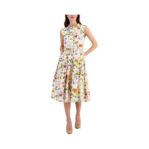 T Tahari Womens Floral Printed Linen-Blend Belted Fit & Flare Midi Dress
