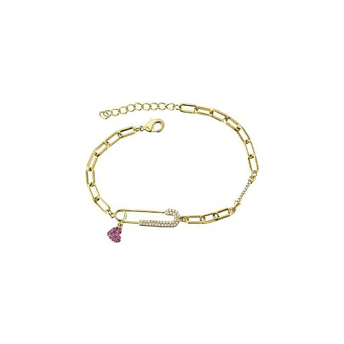 Gigi Girl Kids/Young Teen 14k Gold Plated with Pink & Cubic Zirconia Safety Pin Dangle Heart Charm Adjustable Bracelet