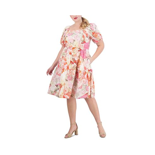 Vince Camuto Plus Size Floral-Print Puff-Sleeve Midi Dress
