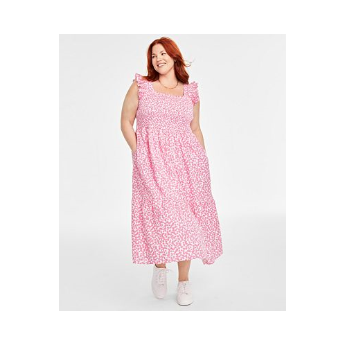 On 34th Trendy Plus Size Cheerful Flower-Print Cotton Smocked Midi Dress
