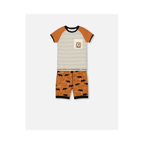 Deux par Deux Baby Boy Organic Cotton Two Piece Short Pajama Set Caramel Printed Rhinoceros - Infant
