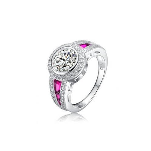 Genevive Sterling Silver White Gold Plated with Colorful stones on the Band and Round Cubic Zirconia Ring