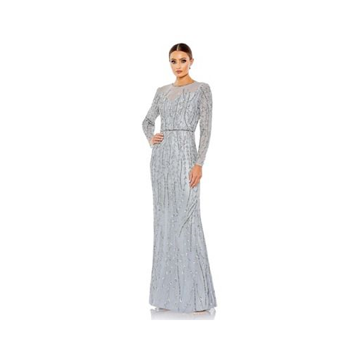 Mac Duggal Womens Embellished Illusion High Neck Long Sleeve Gown