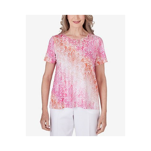 Alfred Dunner Womens Paradise Island Lace Detail Ombre Medallion Top