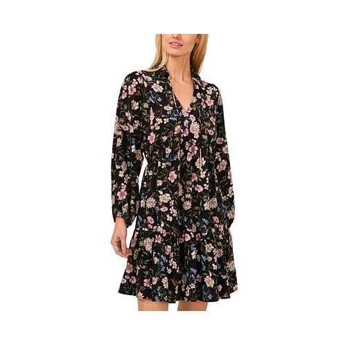 CeCe Womens Floral Tie Neck Long Sleeve Baby Doll Tiered Dress