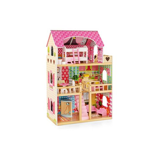 SUGIFT Doll House Playset with 3 Stories and 6 Simulated Rooms and 15 Pieces of Furniture