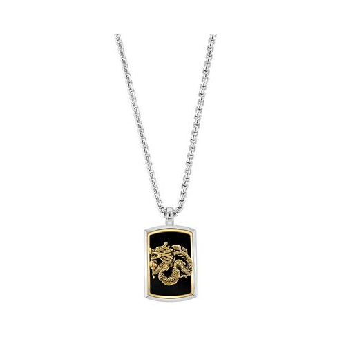 EFFY Collection EFFY Mens Onyx Dragon Dog Tag 22 Pendant Necklace in Sterling Silver & 14k Gold-Plate