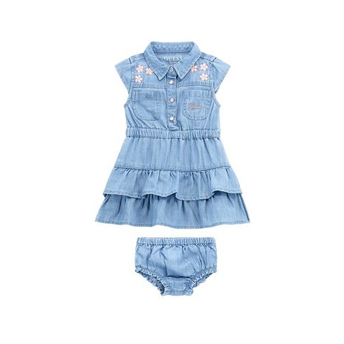 GUESS Baby Girls Cap Sleeve Denim Dress with Ruffle Tier Skirt