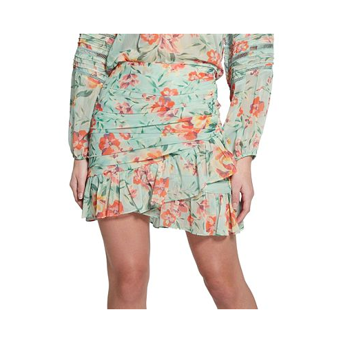 GUESS Womens Vanessa Floral Ruched Ruffled Mini Skirt