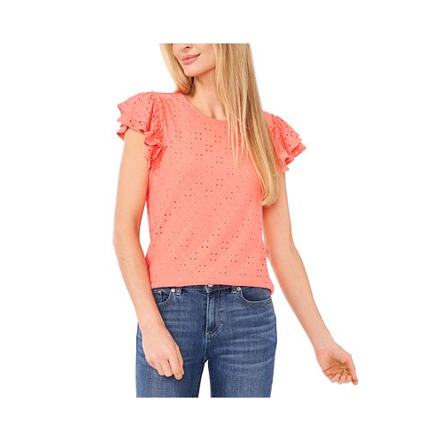 CeCe Womens Ruffled Short-Sleeve Eyelet Knit Top