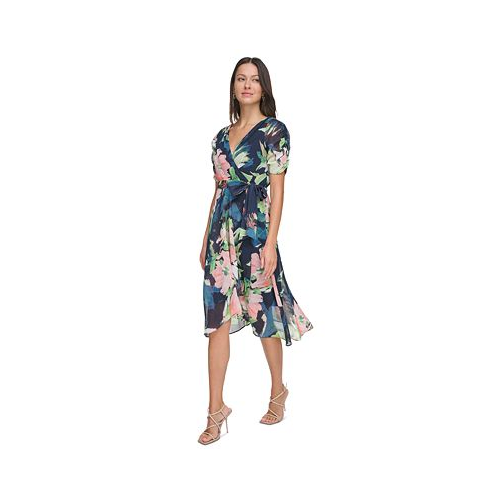 DKNY Womens Floral Tie-Waist Ruched-Sleeve Dress