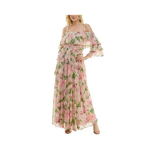 Taylor Womens Floral-Print Cold-Shoulder Gown