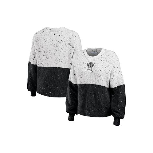 WEAR by Erin Andrews Womens White Black Brooklyn Nets Color-Block Pullover Sweater