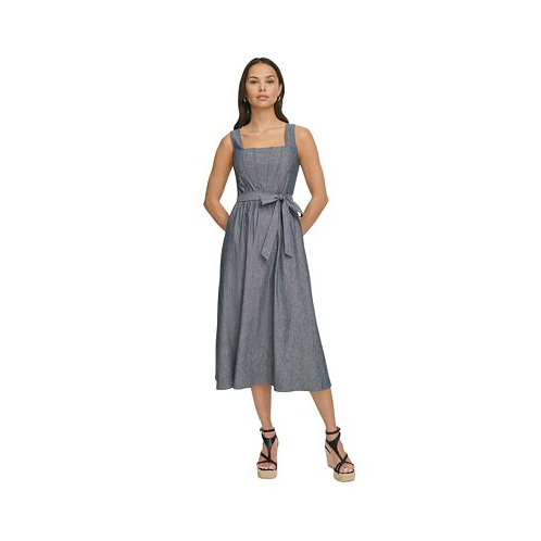 DKNY Womens Chambray Square-Neck Sleeveless Midi Dress