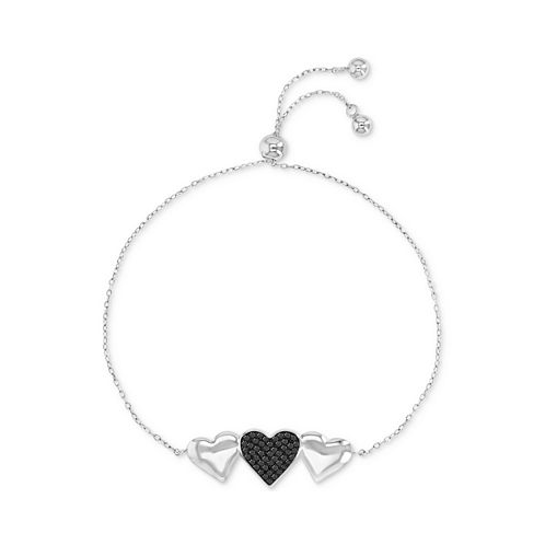 Macys Black Spinel & Polished Hearts Chain Link Bolo Bracelet (3/8 ct. t.w.) in Sterling Silver