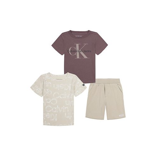 Calvin Klein Little Boys Set- 2 Logo T-shirts and French Terry Shorts 3 piece set