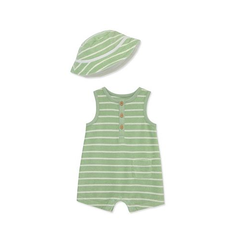 Little Me Baby Boys Green Striped Romper with Hat