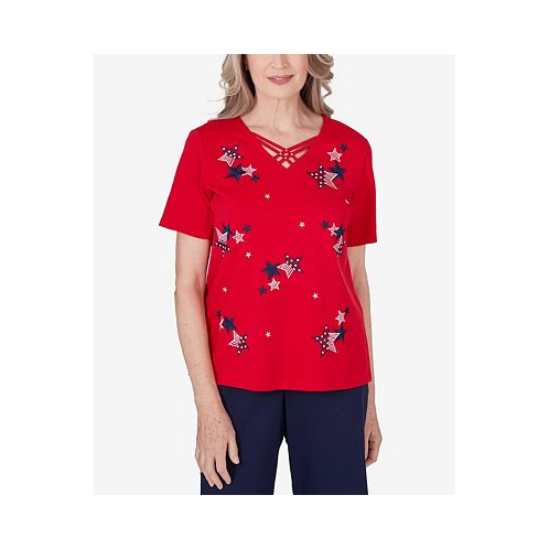 Alfred Dunner Womens All American Embroidered Stars Short Sleeve Top