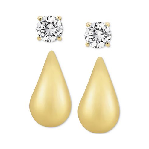 Macys 2-Pc. Set Lab Grown White Sapphire Solitaire & Polished Teardrop Stud Earrings (2-1/10 ct. t.w.) in 14k Gold-Plated Sterling Silver