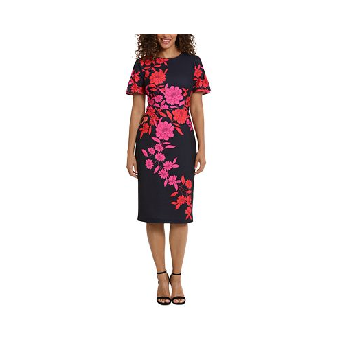 London Times Womens Floral Flutter-Sleeve Midi Dress