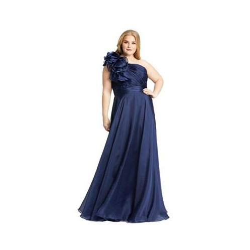 Mac Duggal Womens Plus Size One-Shoulder Ruffle Evening Gown