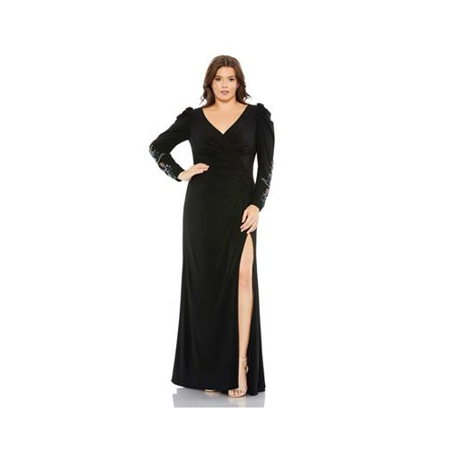 Mac Duggal Womens Plus Size Embellished Long Sleeve Faux Wrap Gown
