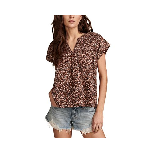Lucky Brand Womens Printed Smocked Short-Sleeve Top