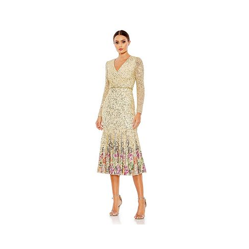 Mac Duggal Womens Long Sleeve Faux Wrap Embellished Tea Length Dress