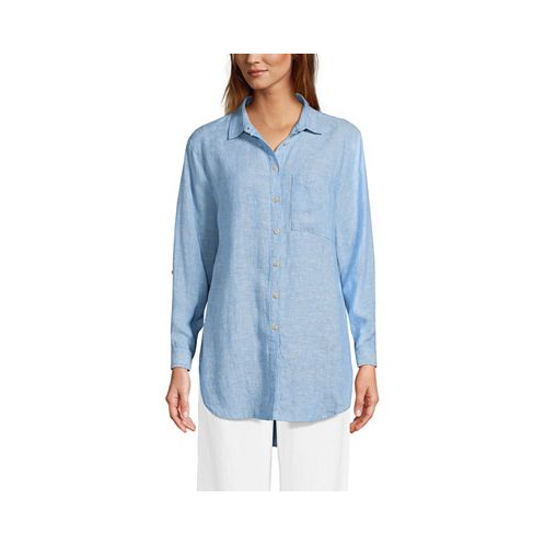 Lands End Womens Petite Linen Roll Sleeve Oversized Relaxed Tunic Top