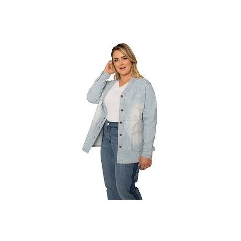 Standards & Practices Womens Plus Size Pinstripe Denim Collarless Jacket