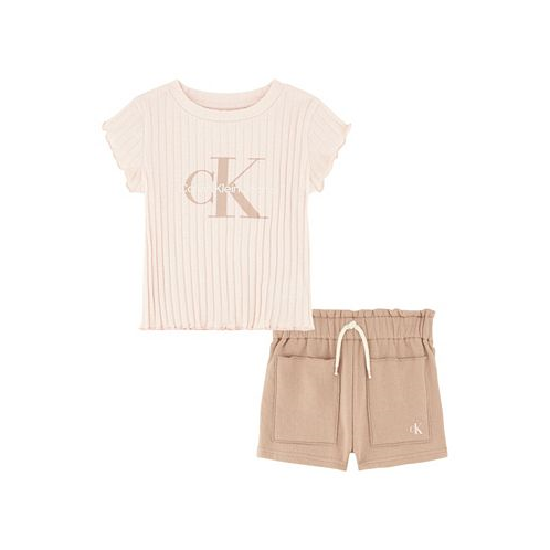 Calvin Klein Toddler Girls Ribbed Logo T-shirt and Crepe French Terry Shorts 2 Piece Set
