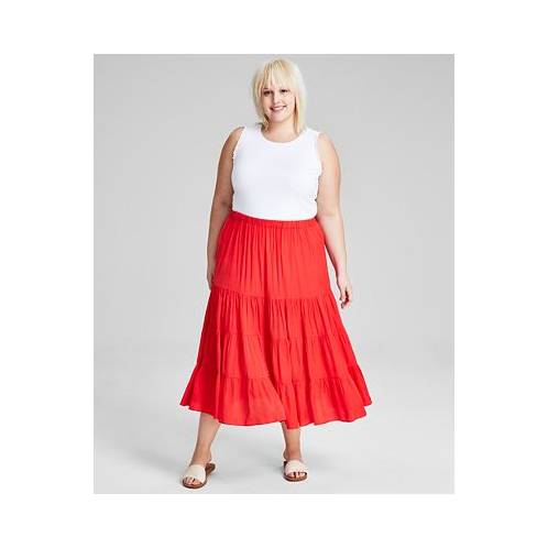 And Now This Plus Size Pull-On Tiered Midi Skirt