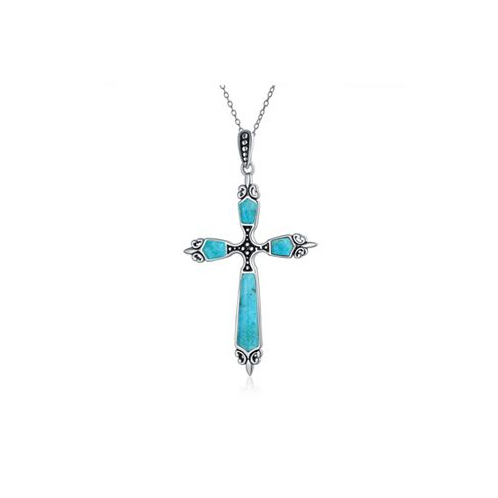 Bling Jewelry Western Style Spiritual Religious Blue Turquoise Gemstone Fleur De Lis Cross Pendant Necklace For Women Oxidized .925 Sterling Silver