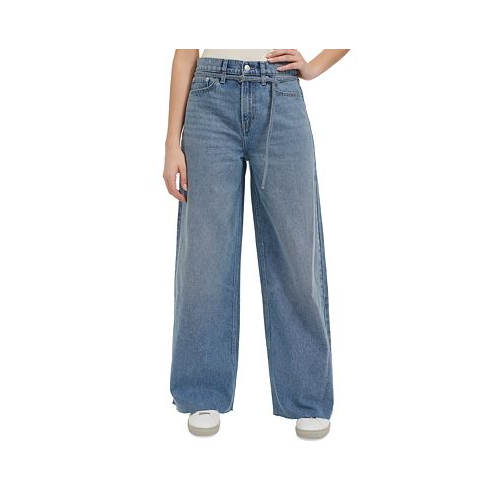 Calvin Klein Jeans Womens Cut-Hem High-Rise Wide-Leg Belted Cotton Denim Jeans
