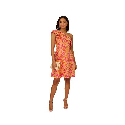 Adrianna Papell Womens One-Shoulder Floral Jacquard Dress