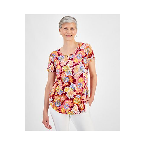 JM Collection Womens Scoop-Neck Short-Sleeve Printed Knit Top